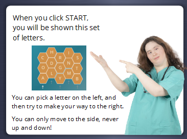 young woman with a disability gesturing to the letter game